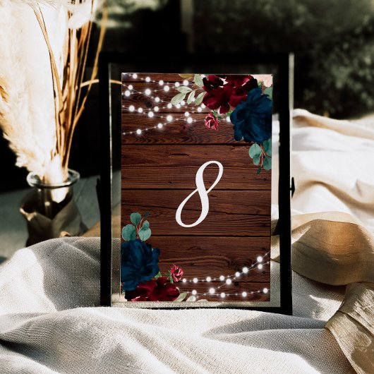 Marsala & Navy Flowers Rustic Wood 8 Tabelnummers Kaart