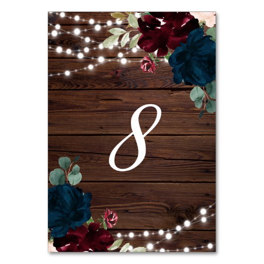 Marsala & Navy Flowers Rustic Wood 8 Tabelnummers Kaart (Achterkant)