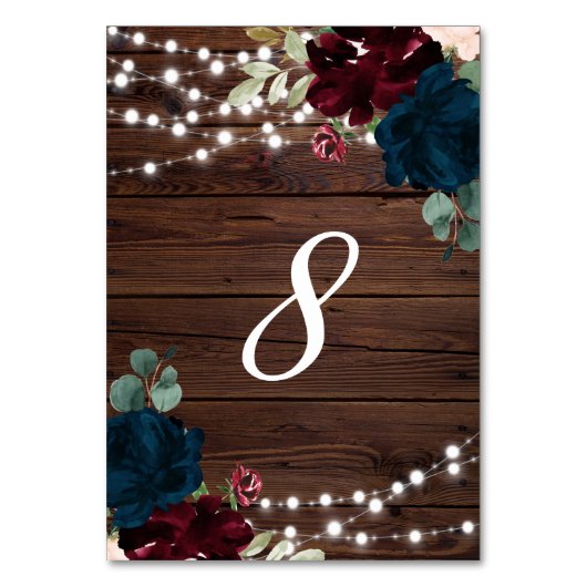 Marsala & Navy Flowers Rustic Wood 8 Tabelnummers Kaart (Voorkant)