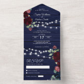 Marsala & Navy Flowers Rustic Wood All in One Inv Uitnodiging (Binnen)