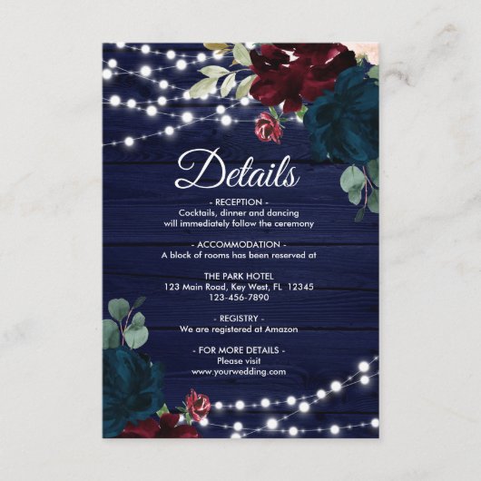 Marsala & Navy Flowers Rustic Wood - Gegevens Informatiekaartje (Voorkant)