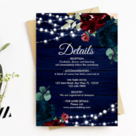 Marsala & Navy Flowers Rustic Wood - Gegevens Informatiekaartje