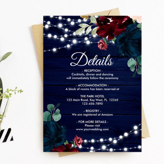 Marsala & Navy Flowers Rustic Wood - Gegevens Informatiekaartje