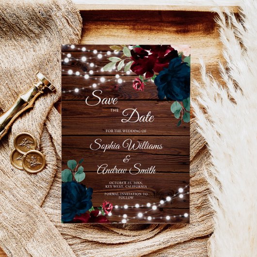 Marsala & Navy Flowers Rustic Wood Save the Date