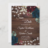 Marsala & Navy Flowers Rustic Wood Save the Date (Voorkant)