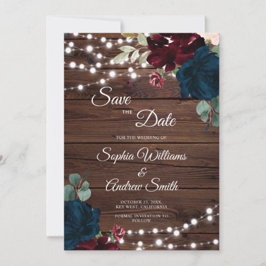 Marsala & Navy Flowers Rustic Wood Save the Date (Voorkant)
