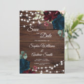 Marsala & Navy Flowers Rustic Wood Save the Date (Staand voorkant)
