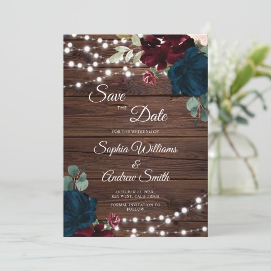 Marsala & Navy Flowers Rustic Wood Save the Date (Staand voorkant)