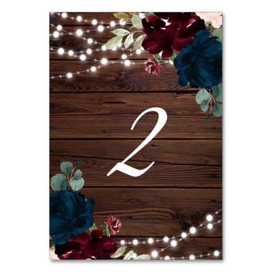 Marsala & Navy Flowers Rustic Wood Table 2 Weddens Kaart (Achterkant)