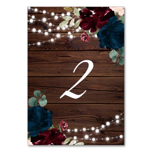 Marsala & Navy Flowers Rustic Wood Table 2 Weddens Kaart (Voorkant)