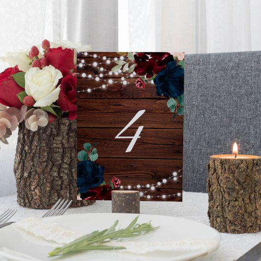 Marsala & Navy Flowers Rustic Wood Table 4 Weddens Kaart
