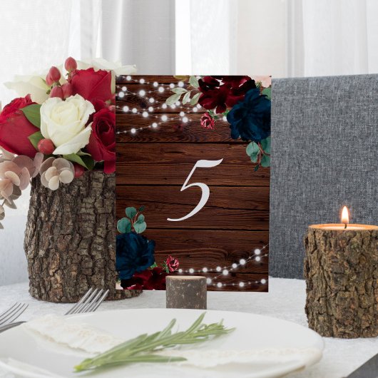 Marsala & Navy Flowers Rustic Wood Table 5 Weddens Kaart