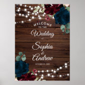 Marsala & Navy Flowers Rustic Wood Weddenschap Poster (Voorkant)