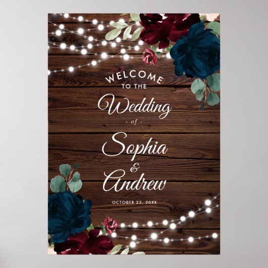 Marsala & Navy Flowers Rustic Wood Weddenschap Poster (Voorkant)