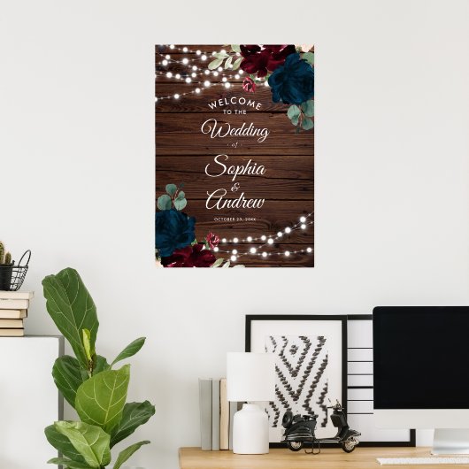 Marsala & Navy Flowers Rustic Wood Weddenschap Poster (Thuiskantoor)