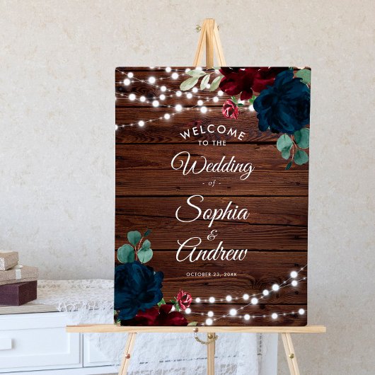Marsala & Navy Flowers Rustic Wood Weddenschap Poster