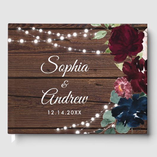 Marsala & Navy Flowers Rustic Wood Wedding Gastenboek (Voorkant)