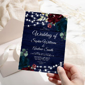 Marsala & Navy Flowers Rustic Wood Wedding Invitat Kaart