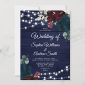 Marsala & Navy Flowers Rustic Wood Wedding Invitat Kaart (Voorkant)