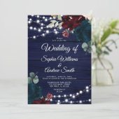 Marsala & Navy Flowers Rustic Wood Wedding Invitat Kaart (Staand voorkant)