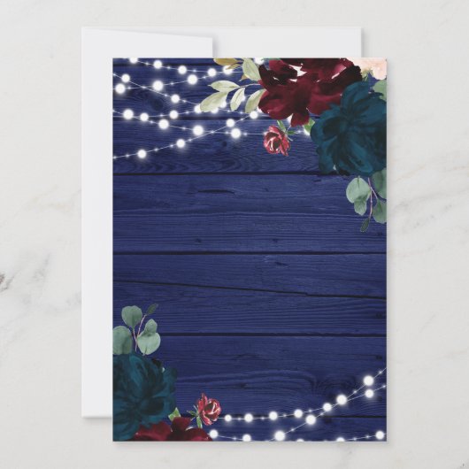 Marsala & Navy Flowers Rustic Wood Wedding Invitat Kaart (Achterkant)
