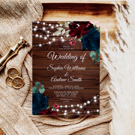 Marsala & Navy Flowers Rustic Wood Wedding Kaart