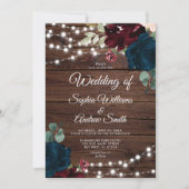 Marsala & Navy Flowers Rustic Wood Wedding Kaart (Voorkant)