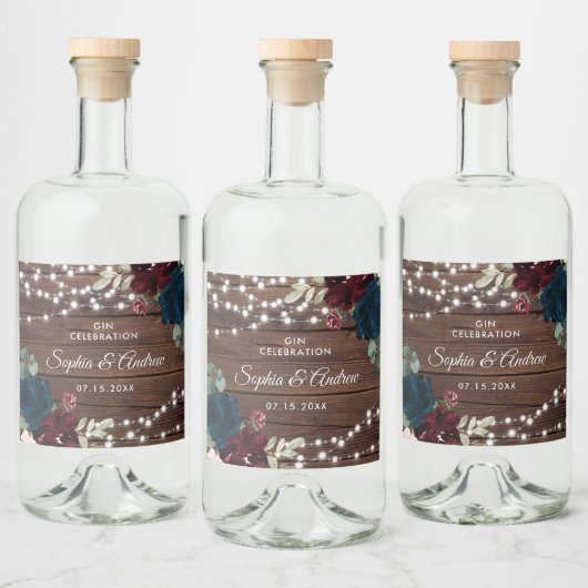 Marsala & Navy Flowers Rustic Wood Wedding Likeurfles Etiket (Flessen)