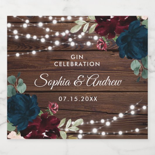 Marsala & Navy Flowers Rustic Wood Wedding Likeurfles Etiket (Enkel label)