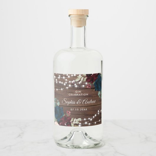 Marsala & Navy Flowers Rustic Wood Wedding Likeurfles Etiket (Voorkant)