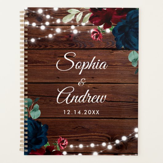 Marsala & Navy Flowers Rustic Wood Wedding Planner (Voorkant)