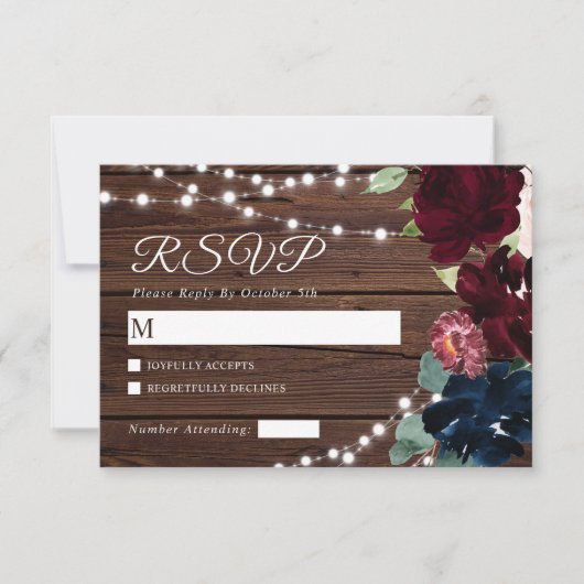 Marsala & Navy Flowers Rustic Wood Wedding RSVP (Voorkant)