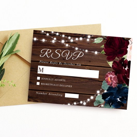 Marsala & Navy Flowers Rustic Wood Wedding RSVP Kaartje