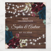 Marsala & Navy Flowers Rustic Wood Wedding Wijn Etiket (Enkel label)