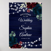 Marsala & Navy Flowers Rustic Wood Welcome Sign Poster (Voorkant)