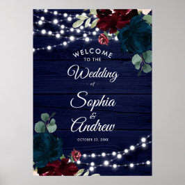 Marsala & Navy Flowers Rustic Wood Welcome Sign Poster