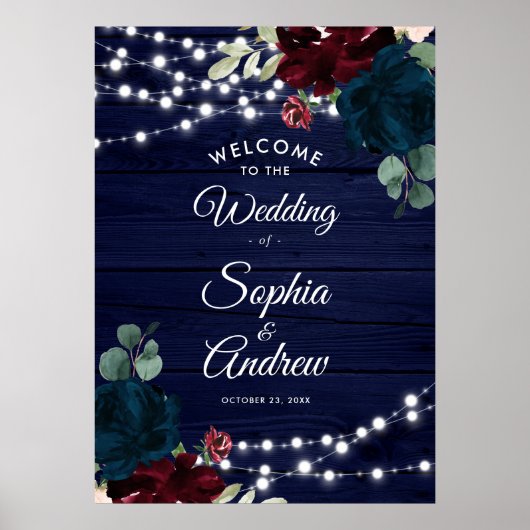 Marsala & Navy Flowers Rustic Wood Welcome Sign Poster (Voorkant)