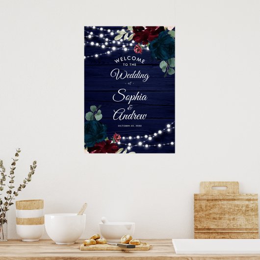 Marsala & Navy Flowers Rustic Wood Welcome Sign Poster (Keuken)