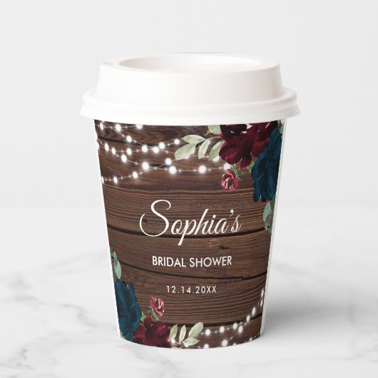 Marsala & Navy Flowers Rustiek Vrijgezellenfeest Papieren Bekers (Achterkant)