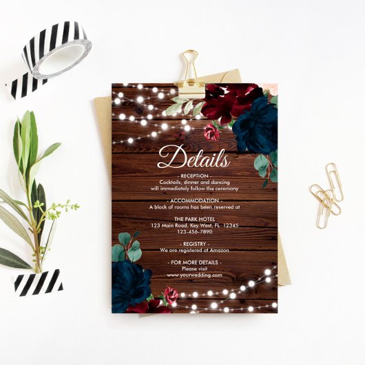 Marsala & Navy Flowers Wedding Details Enclosure Informatiekaartje