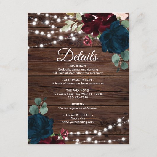 Marsala & Navy Flowers Wedding Details Enclosure Informatiekaartje (Voorkant)