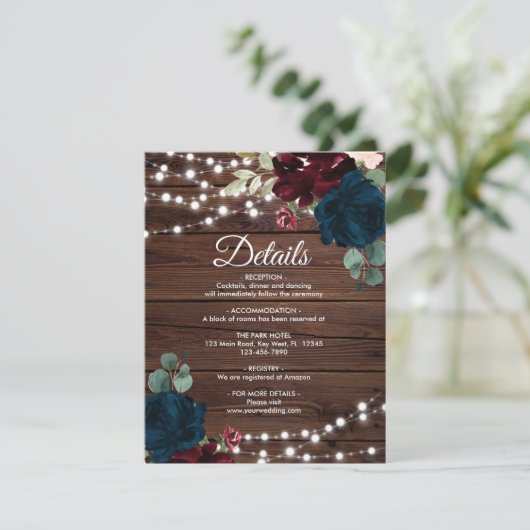 Marsala & Navy Flowers Wedding Details Enclosure Informatiekaartje (Staand voorkant)