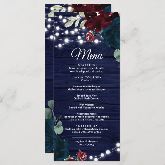 Marsala & Navy Flowers Wood Weddenschap Menu (Voorkant / Achterkant)