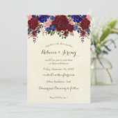 Marsala Navy huwelijksuitnodiging moderne bloemen Kaart (Staand voorkant)