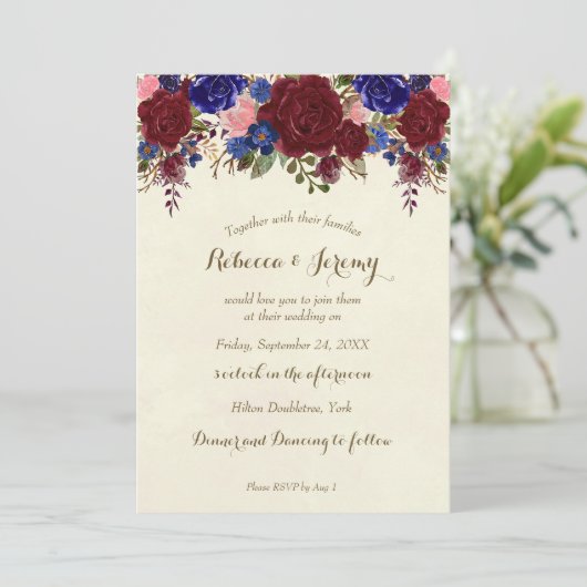 Marsala Navy huwelijksuitnodiging moderne bloemen Kaart (Staand voorkant)