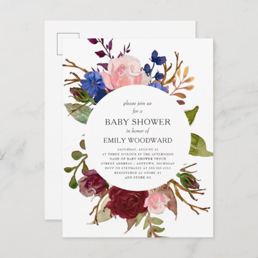 Marsala Navy Pink Rustic Floral Circle Baby shower Uitnodiging Briefkaart (Voorkant / Achterkant)