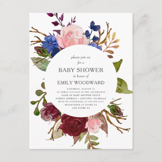 Marsala Navy Pink Rustic Floral Circle Baby shower Uitnodiging Briefkaart (Voorkant)