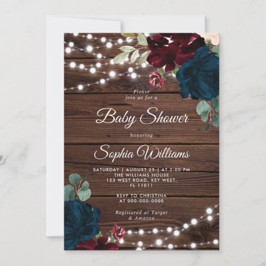 Marsala & Navy Rustic Wood Baby shower Uitnodiging (Voorkant)