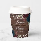 Marsala & Navy Rustiek Hout Bruiloft Papieren Bekers (Voorkant)