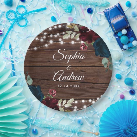 Marsala & Navy Rustiek Hout Bruiloft Papieren Bordje (Feest)